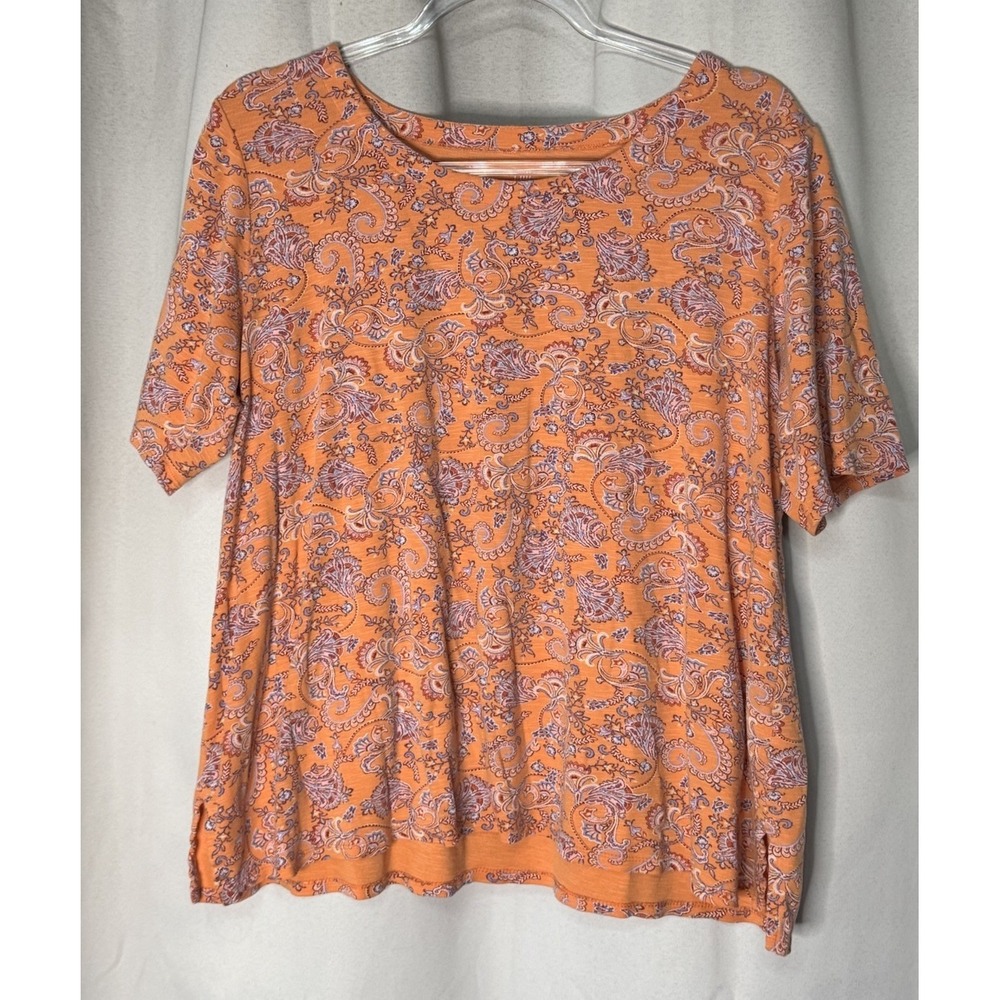 J Jill T Shirt Womens Orange Paisley Cotton Scoop Neck Short Sleeve Large